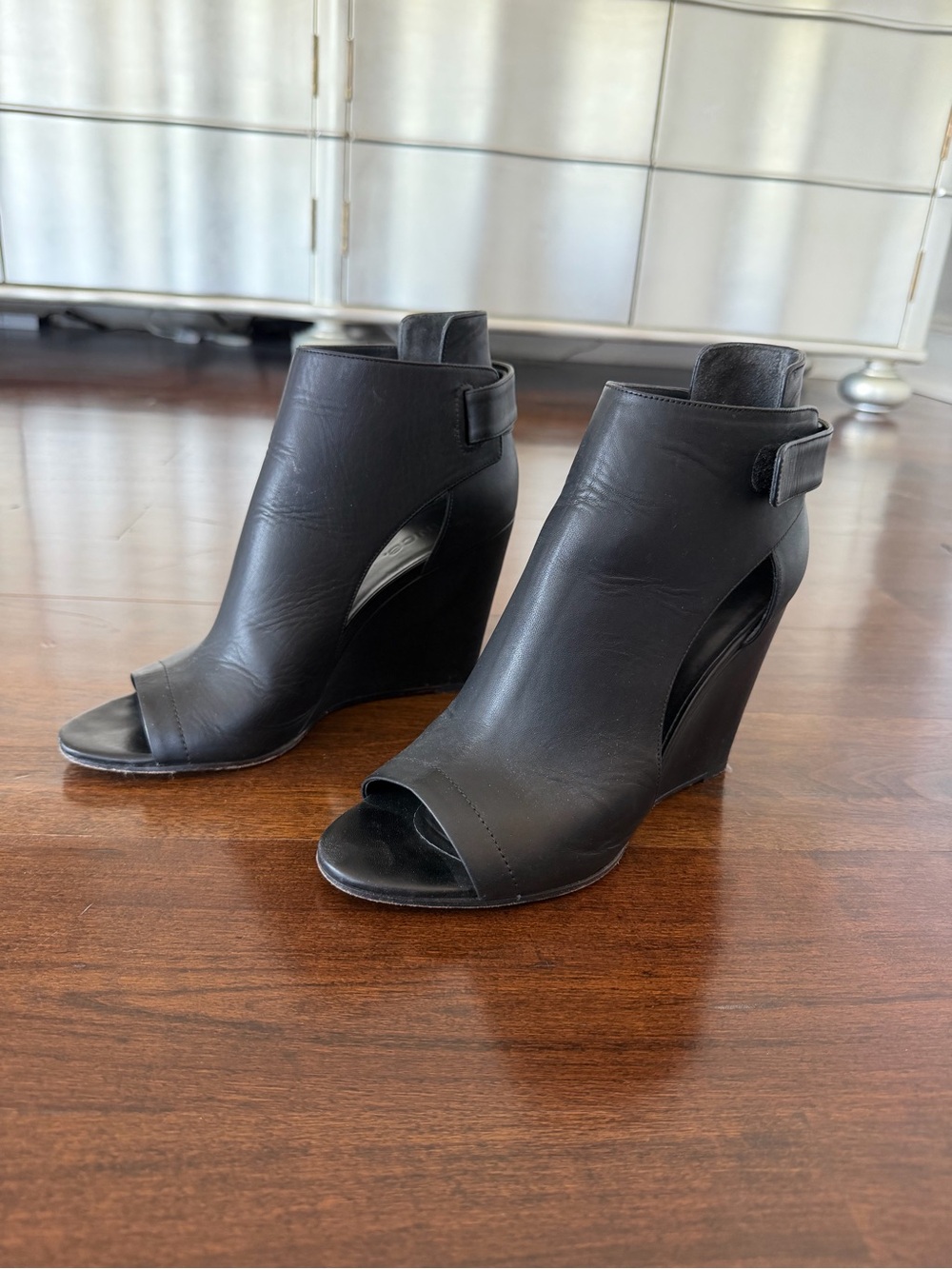 Vince Katia Black Open-Toe Wedge Booties, Size 9